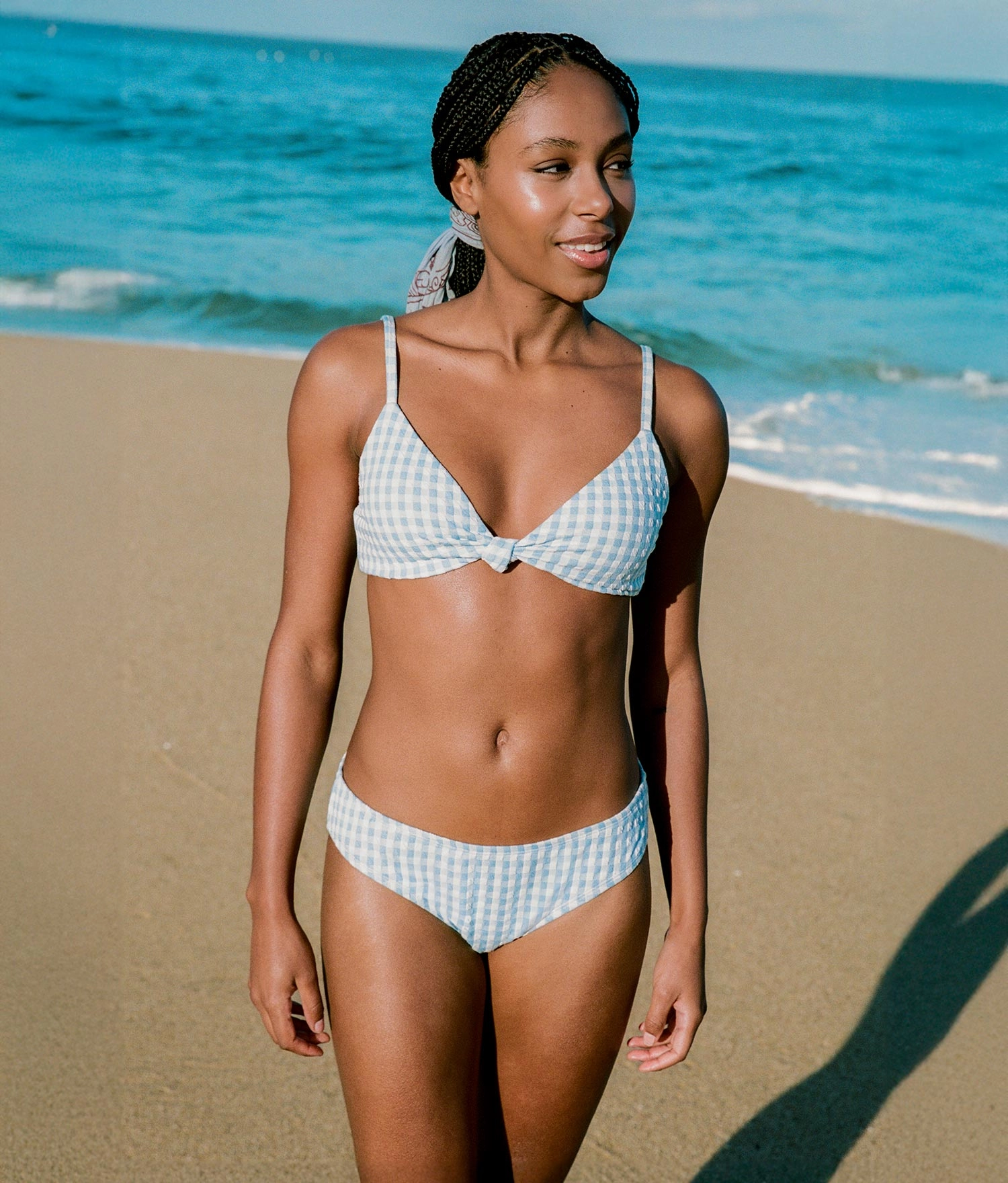 The Santorini Bikini Top - Crinkle Gingham - Sky Gingham