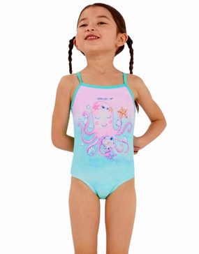 Tots Girls Digital Thinstrap Swimsuit - Pink/Mint girls swimwear one piece, girls rash guard swim set