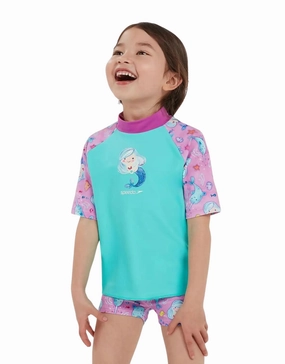 Tots Girls Printed Sun Protection Set - Green/Pink girls swimwear one piece, girls rash guard swim set