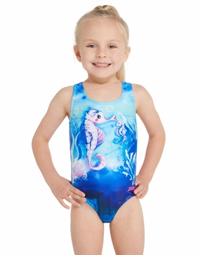 Tots Girls Sea Horse Actionback Swimsuit - Blue/Pink baby swimwear sets, toddler swimwear with sun protection