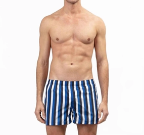 Tricolor Stripe Swim Shorts In Greek Blue / Navy / White mens full coverage swimwear, stylish mens swim trunks