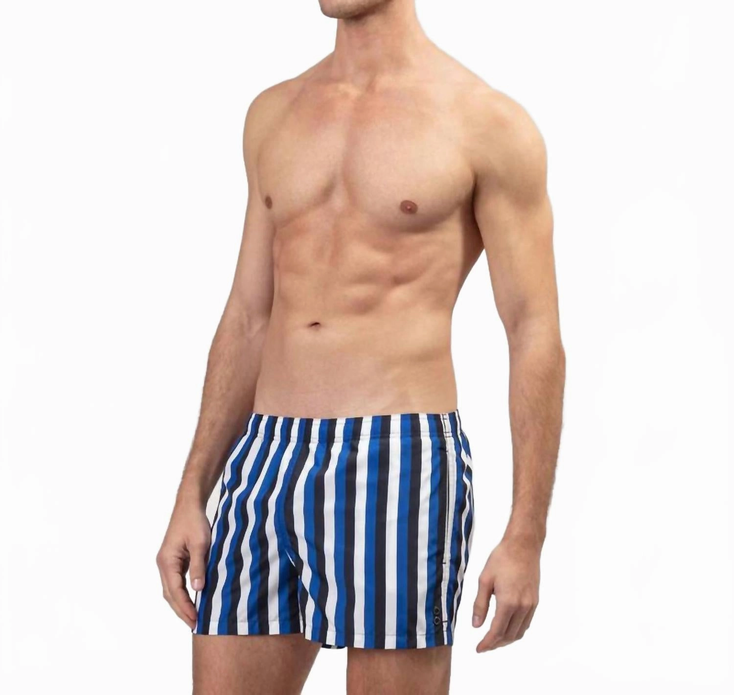 Tricolor Stripe Swim Shorts In Greek Blue / Navy / White
