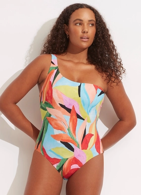 Tropfest Reversible One Shoulder One Piece - Aquamarine flattering swimwear women, comfortable swimwear for women