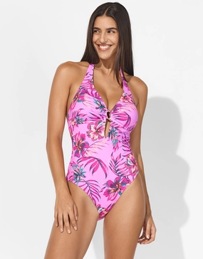 Tropic Radiance Plunge Halter Swimsuit - Electric Pink cup sized swimwear women, supportive swimsuits for large bust