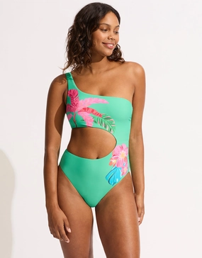 Tropica One Shoulder Cut Out Swimsuit - Jade womens resort swimwear, flattering one-piece swimsuits
