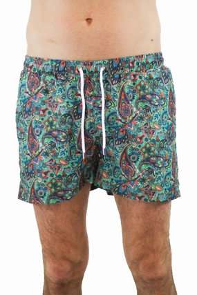 Turquoise with Multicolor Paisley mens beach swimwear, quick dry mens swimsuits