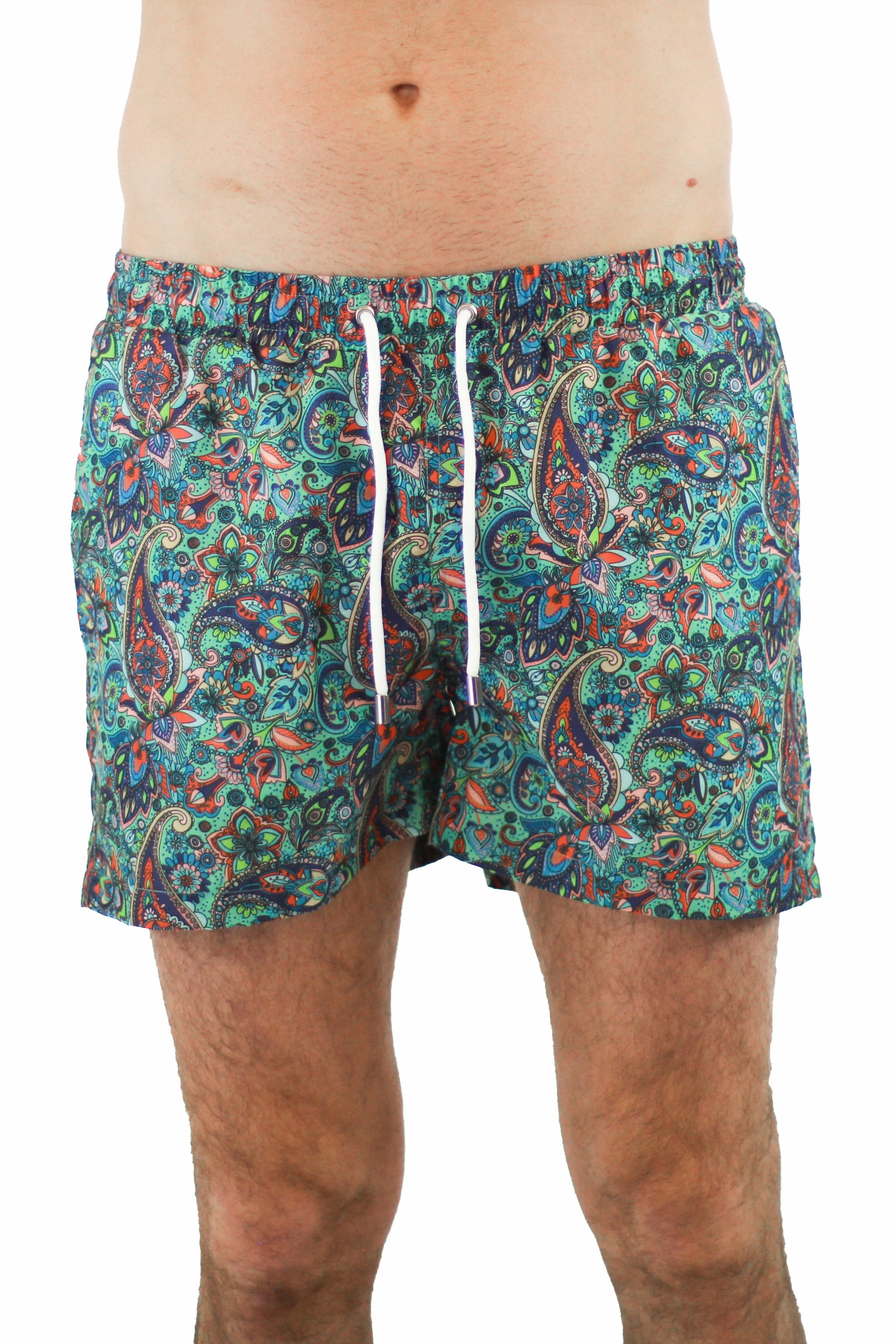 Turquoise with Multicolor Paisley mens beach swimwear, quick dry mens swimsuits