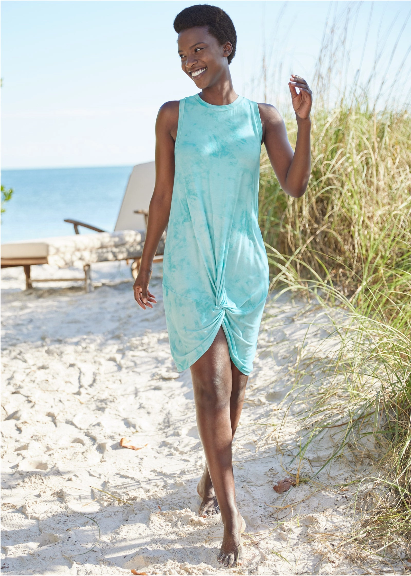 Twist Front Cover-Up Dress - Aqua Reef & Pearl White swimwear for all body types, comfortable womens beachwear