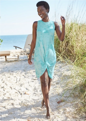 Twist Front Cover-Up Dress - Aqua Reef & Pearl White swimwear for all body types, comfortable womens beachwear