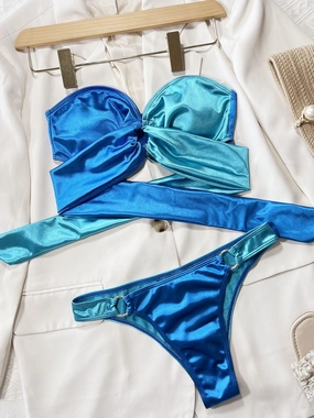 Two-Tone Ring Detail Tied Bikini Set stretchy swimwear for women, soft fabric swimsuits for ladies