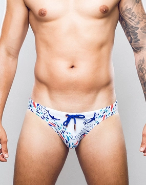 V20 Print Swim Brief - Seascape White mens swim briefs, simple swimwear for men