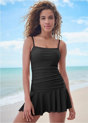 Venice Skirted Swim Dress - Black Beauty plain swimwear women, minimalist swimsuits