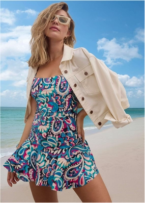 Venice Skirted Swim Dress - Fuzzy Paisley swimwear with tummy control, elegant swimsuits for women