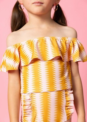 Vintage Triangles | Mini Ruffled Around Top toddler girl swimwear, summer swimwear for girls