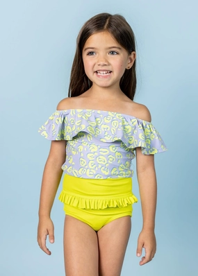 Vivid Cheetah | Mini Ruffled Around Top toddler girl swimwear, summer swimwear for girls