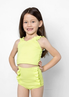 Waffled Glow Green | Mini Down in Front Ruffle Bottoms toddler girl swimwear, summer swimwear for girls