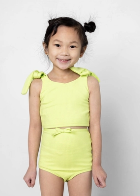 Waffled Glow Green | Mini Knot Top toddler girl swimwear, summer swimwear for girls