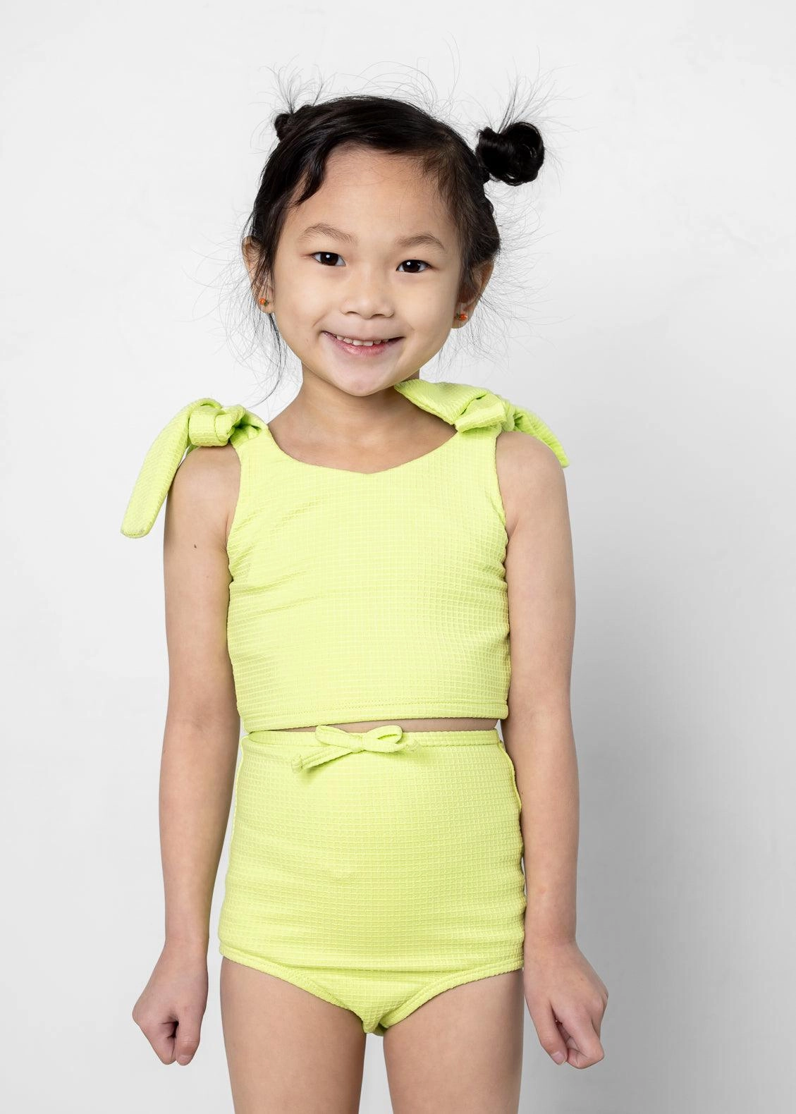 Waffled Glow Green | Mini Knot Top toddler girl swimwear, summer swimwear for girls