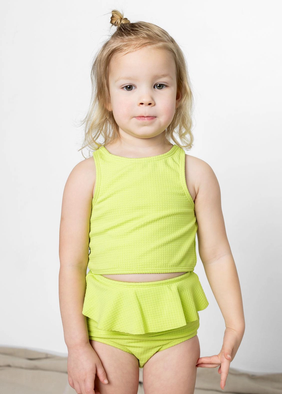 Waffled Glow Green | Mini Peplum Bottoms toddler girl swimwear, summer swimwear for girls