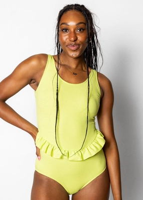 Waffled Glow Green | Skirted One-Piece tankini swim tops, adjustable bikini tops