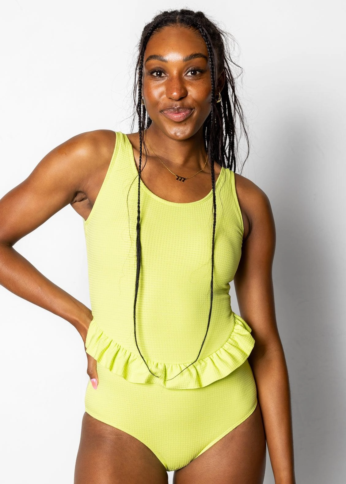 Waffled Glow Green | Skirted One-Piece tankini swim tops, adjustable bikini tops