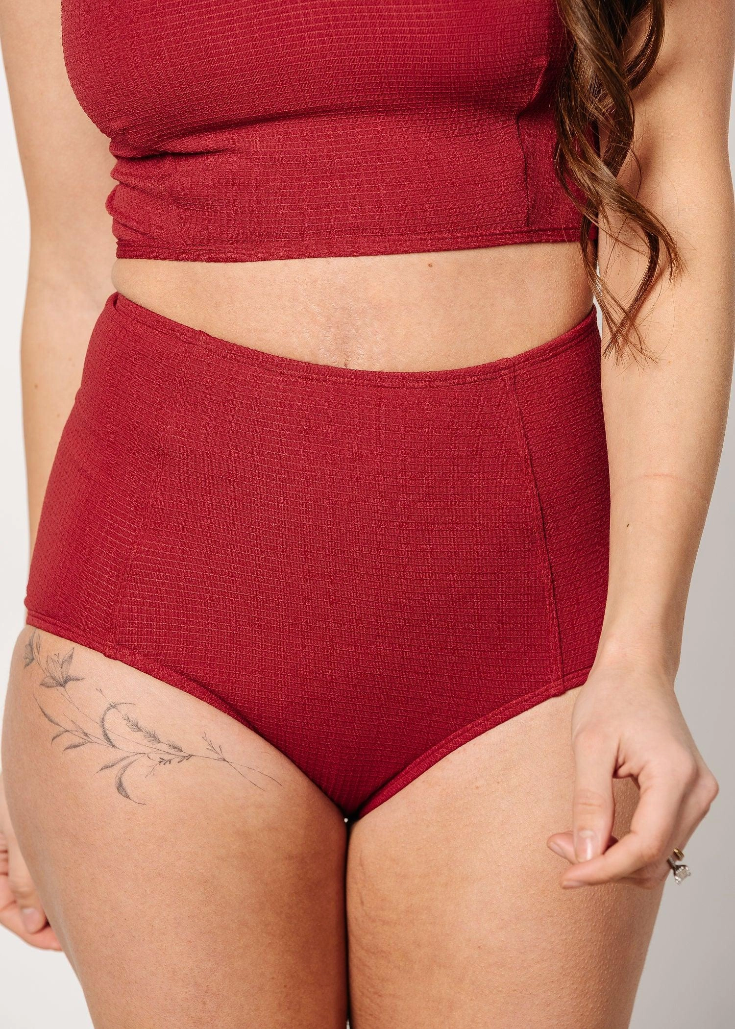 Waffled Maroon | High-Waisted Bottoms elastic waistband swim bottoms, mix-and-match bikini bottoms