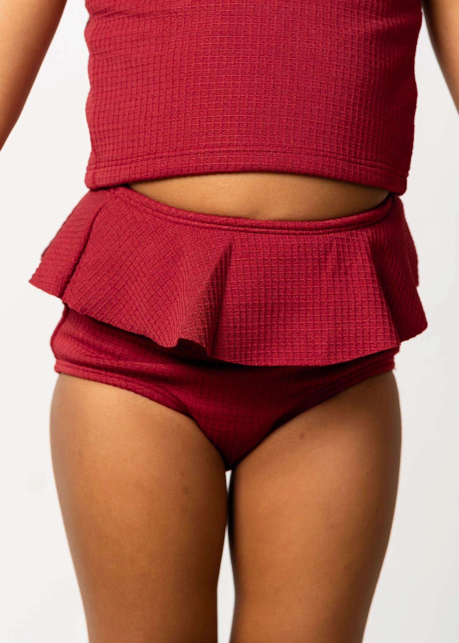 Waffled Maroon | Mini Peplum Bottoms toddler girl swimwear, summer swimwear for girls