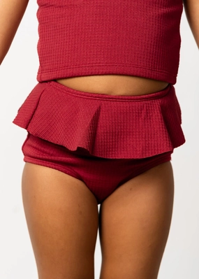 Waffled Maroon | Mini Peplum Bottoms toddler girl swimwear, summer swimwear for girls