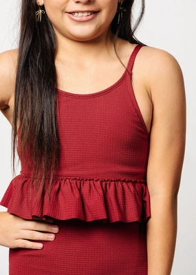 Waffled Maroon | Youth Peplum Top toddler girl swimwear, summer swimwear for girls