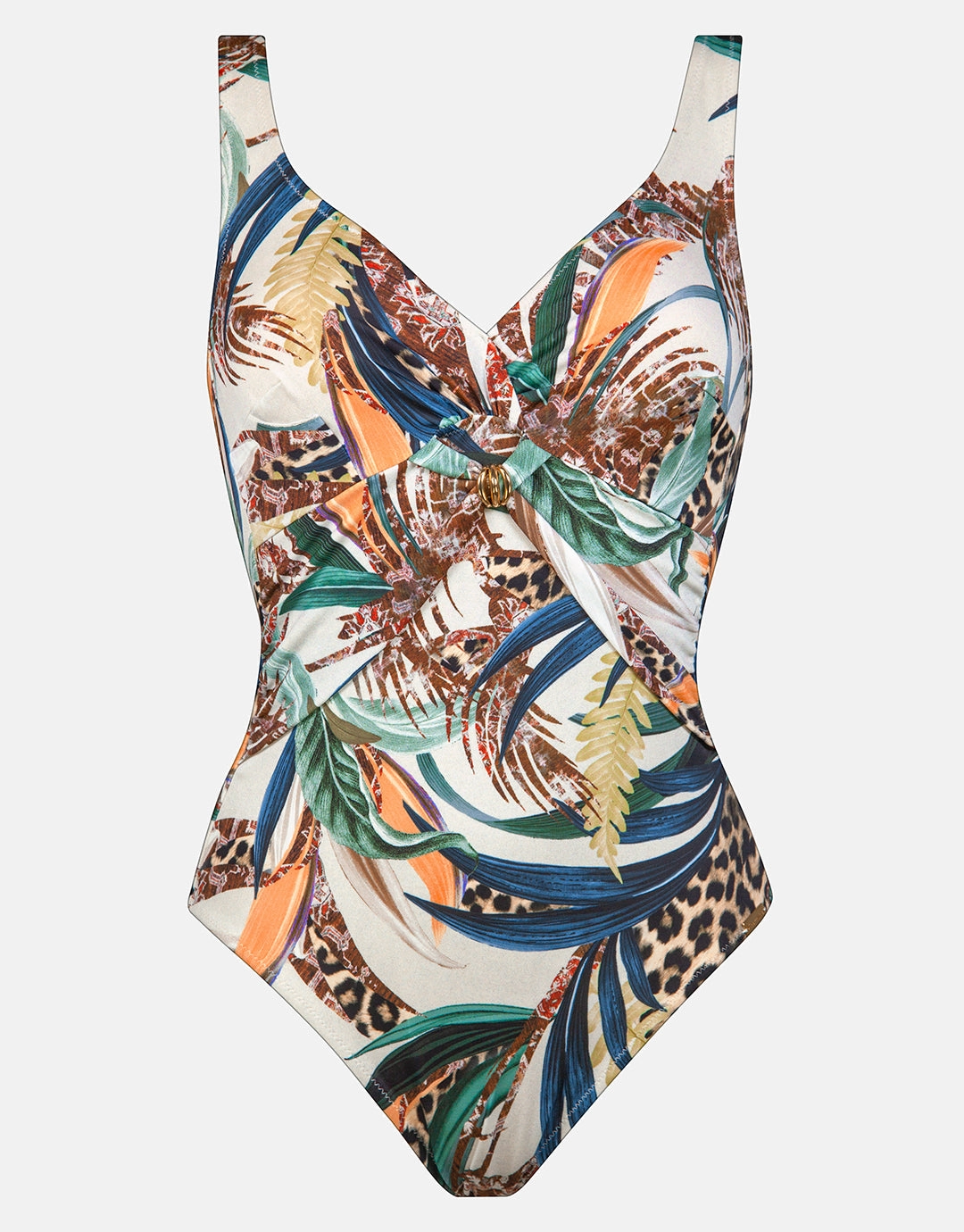 Wild Swing Underwired Twist Front Swimsuit - Botanical Leo underwired swimsuits for women, supportive swimwear tops
