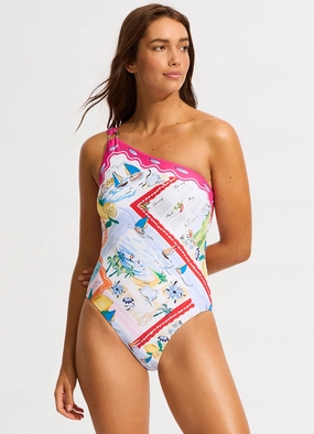 Wish You Were Here One Shoulder One Piece - Fuchsia Rose slimming one piece swimsuits, fashionable one piece suits
