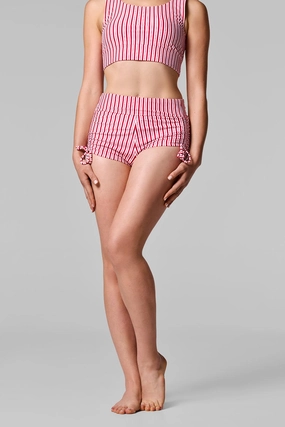 Women's Bayshore Ruched Swim Shorts | Cherry Stripe womens athletic swimwear, performance swimwear for women