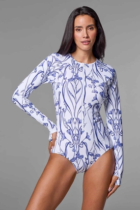 Women's Escalante Long Sleeve Swimsuit | White Iris Dusk womens athletic swimwear, performance swimwear for women