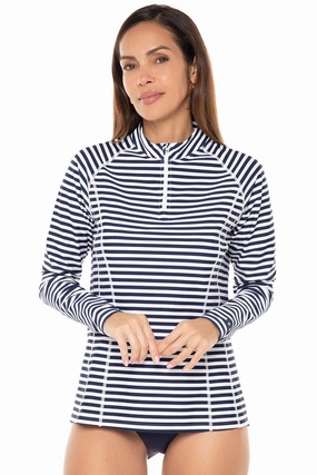 Women's Freestyle Long Sleeve Rash Guard | White/Navy Stripe womens athletic swimwear, performance swimwear for women