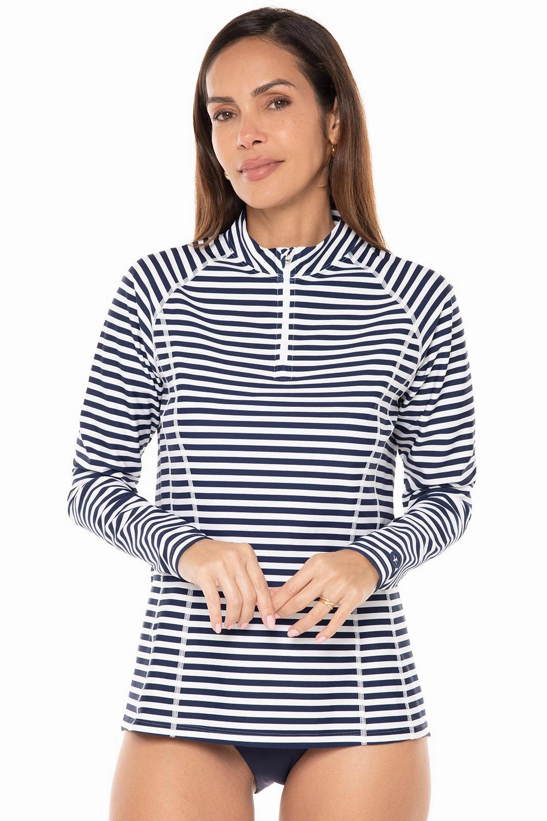 Women's Freestyle Long Sleeve Rash Guard | White/Navy Stripe womens athletic swimwear, performance swimwear for women