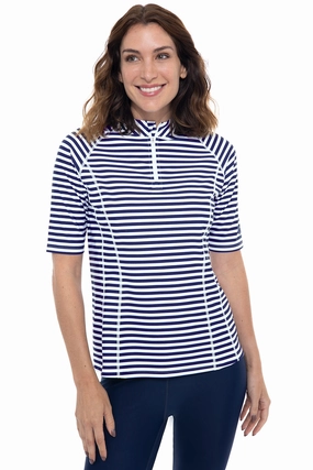 Women's Freestyle Short Sleeve Rash Guard | White/Navy Stripe womens athletic swimwear, performance swimwear for women