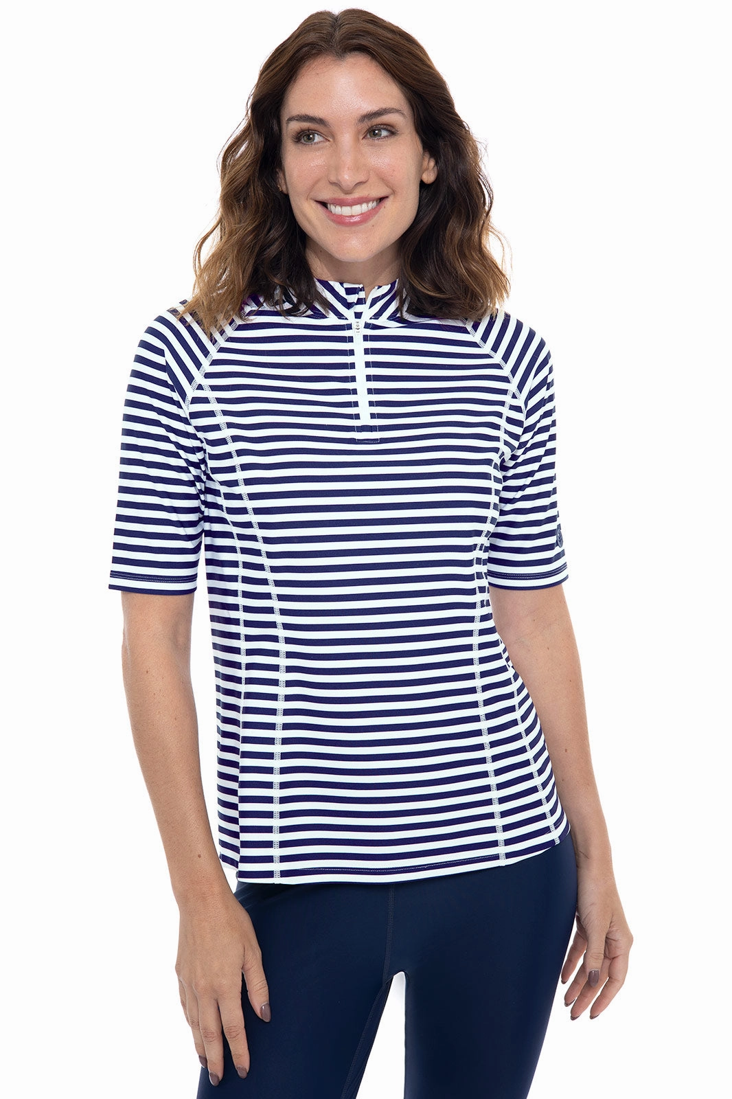 Women's Freestyle Short Sleeve Rash Guard | White/Navy Stripe womens athletic swimwear, performance swimwear for women