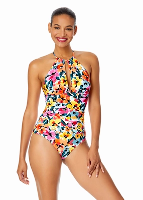 Women's Gradient Floral High Neck With Ruffled Straps One Piece Swimsuit supportive one piece swimwear, stretch fit one piece suits