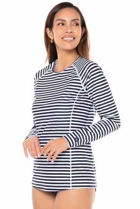 Women's Hightide Long Sleeve Swim Shirt | White/Navy Stripe womens athletic swimwear, performance swimwear for women