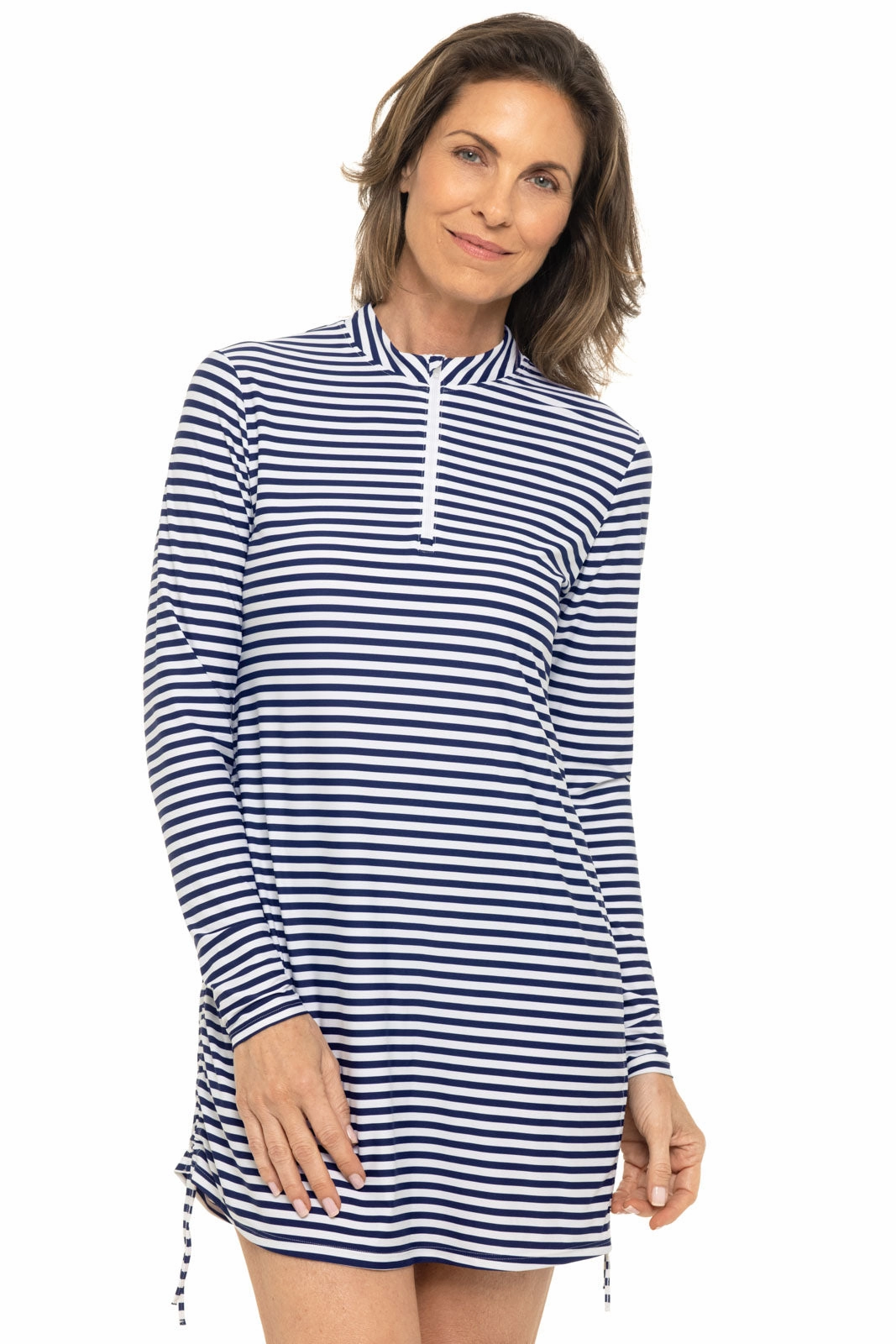 Women's Key Biscayne Ruche Swim Top | White/Navy Stripe womens athletic swimwear, performance swimwear for women