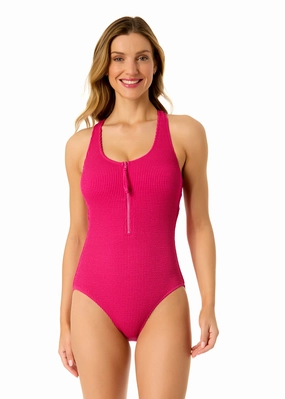 Women's Live In Color Textured Scoop Neck Front Racerback One Piece Swimsuit supportive one piece swimwear, stretch fit one piece suits