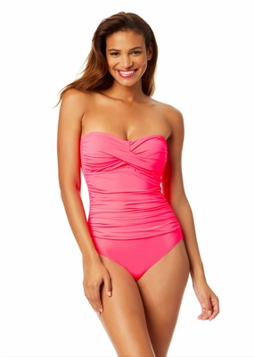Women's Live In Color Twist Front Shirred One Piece Swimsuit supportive one piece swimwear, stretch fit one piece suits