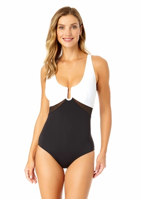 Women's Mesh Around U Ring Mesh Insert One Piece Swimsuit supportive one piece swimwear, stretch fit one piece suits