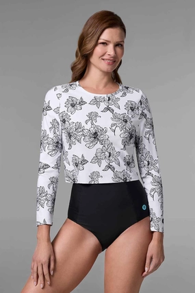 Women's Ocean Drive Cropped Rash Guard | White/Black Perfect Peony adjustable swimsuits for women, breathable swimwear for ladies