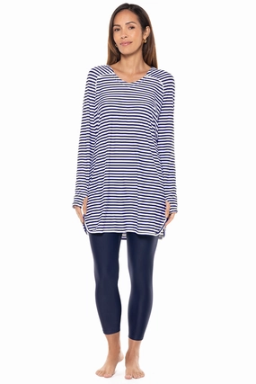 Women's Seacoast Swim Cover-Up Dress | White/Navy Stripe adjustable swimsuits for women, breathable swimwear for ladies