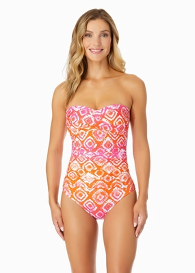 Women's Tie Dye Foulard Twist Front Shirred One Piece Swimsuit supportive one piece swimwear, stretch fit one piece suits