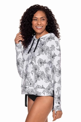 Women's Waikal Swim Hoodie | White/Black Perfect Peony adjustable swimsuits for women, breathable swimwear for ladies
