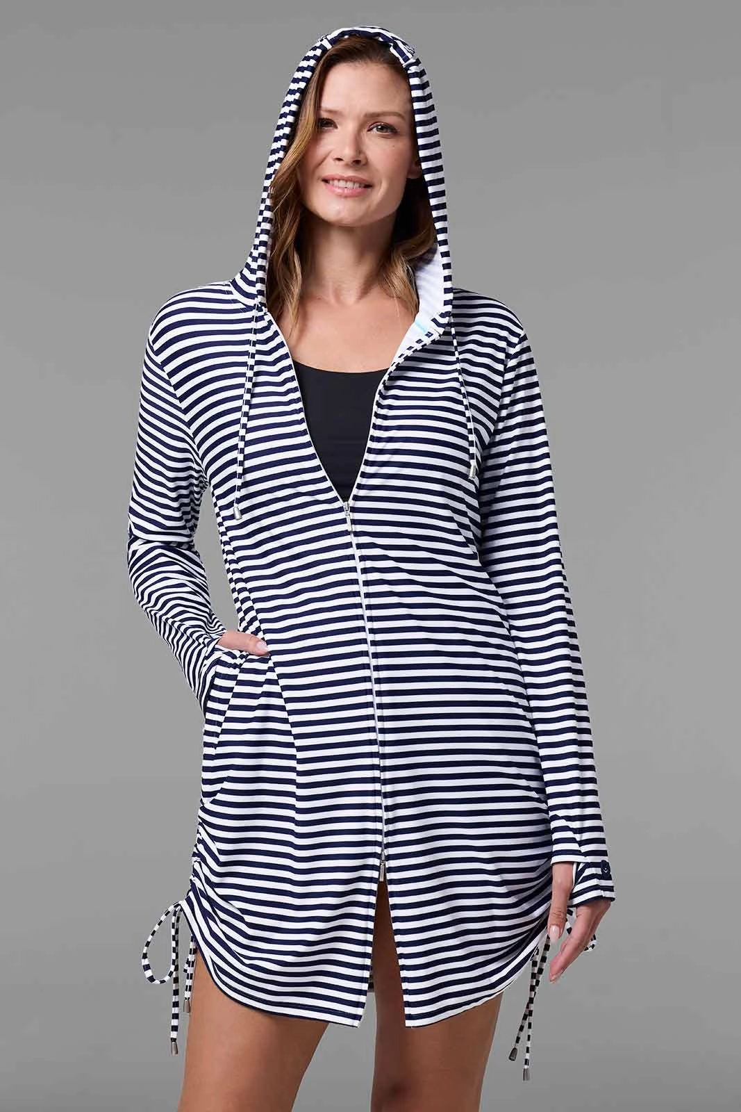 Women's Wailea Swim Cover-Up | White/Navy Stripe adjustable swimsuits for women, breathable swimwear for ladies