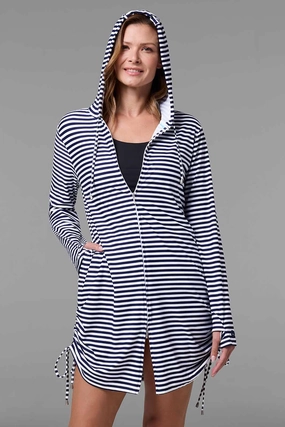 Women's Wailea Swim Cover-Up | White/Navy Stripe womens athletic swimwear, performance swimwear for women