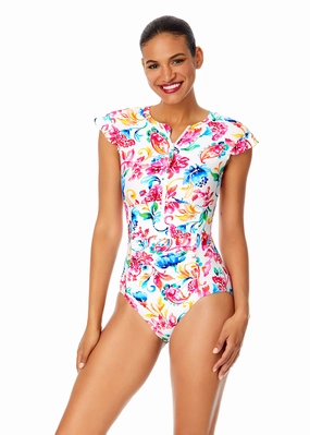 Women's Watercolor Paisley Flutter Sleeve Zip Up Rash Guard One Piece Swimsuit supportive one piece swimwear, stretch fit one piece suits